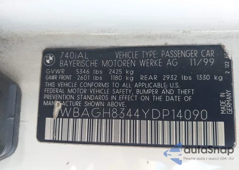 2000 BMW 740Il from USA, damaged, VIN WBAGH8344YDP14090